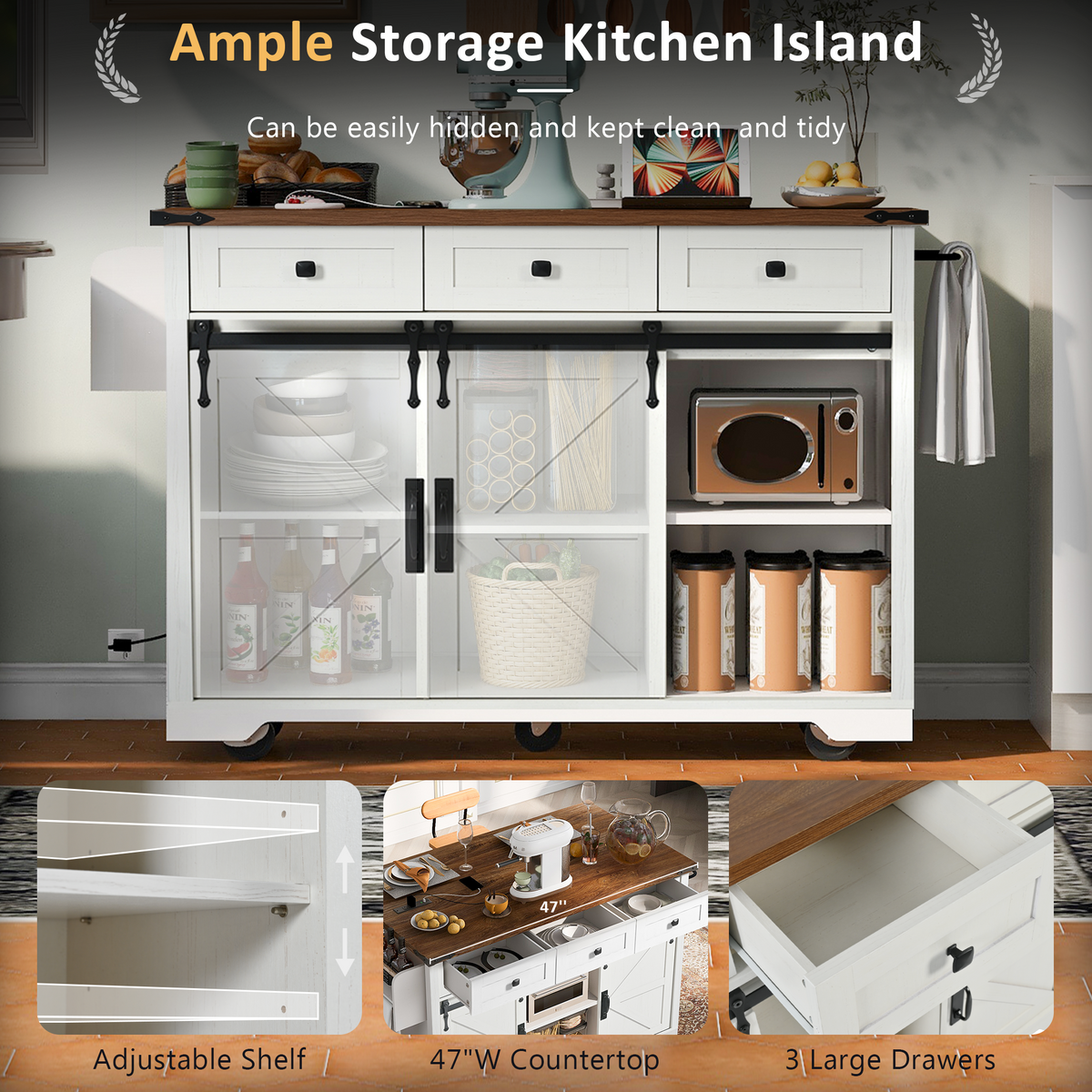 K&K 53.7" Farmhouse Kitchen Island with Power Outlet, 2 Sliding Barn Door Kitchen Storage Island with Drop Leaf – Model N707S170347W