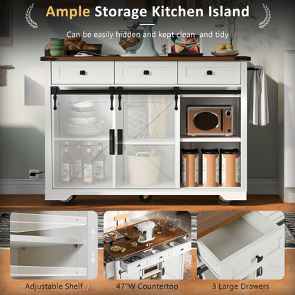 K&K 53.7" Farmhouse Kitchen Island with Power Outlet, 2 Sliding Barn Door Kitchen Storage Island with Drop Leaf – Model N707S170347W