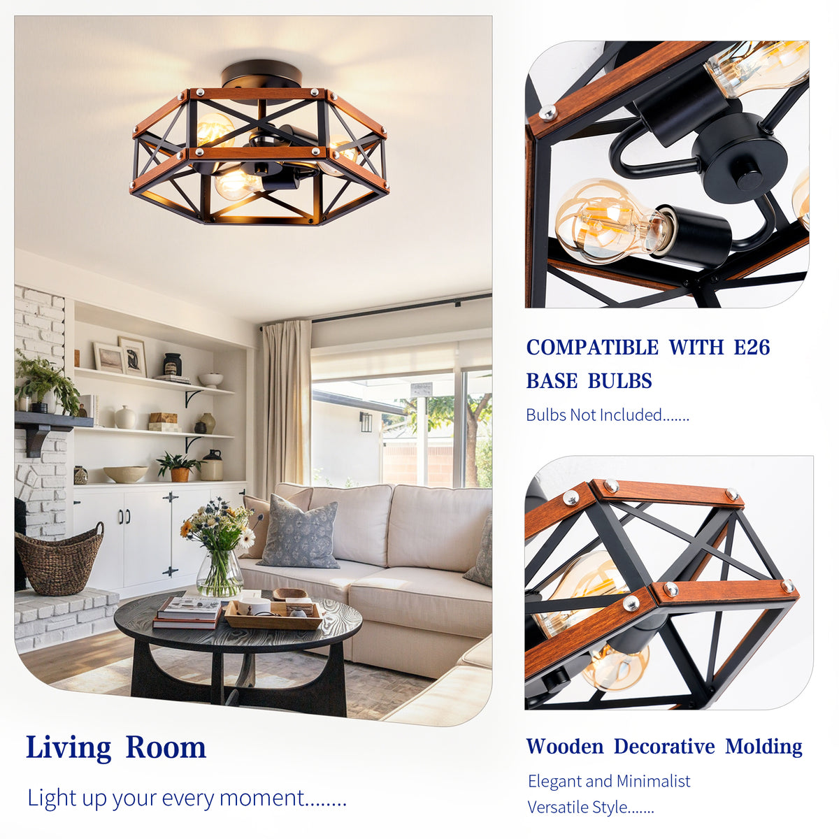 Rustic Farmhouse Wood Flush Mount Ceiling Light Fixture 14.57 inch Wood and Metal Cage Semi Flush Mount Ceiling Light for Hallway Entry Dining Farmhouse Bedroom Living Room,--Matte Black