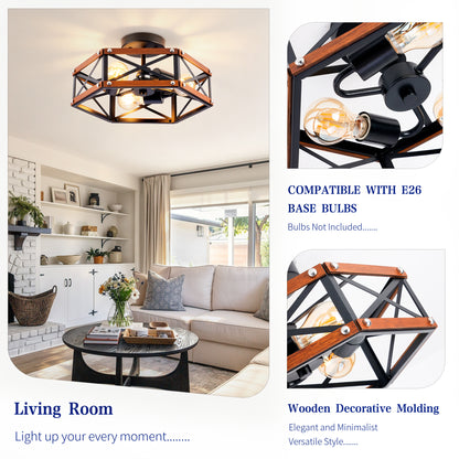 Rustic Farmhouse Wood Flush Mount Ceiling Light Fixture 14.57 inch Wood and Metal Cage Semi Flush Mount Ceiling Light for Hallway Entry Dining Farmhouse Bedroom Living Room,--Matte Black