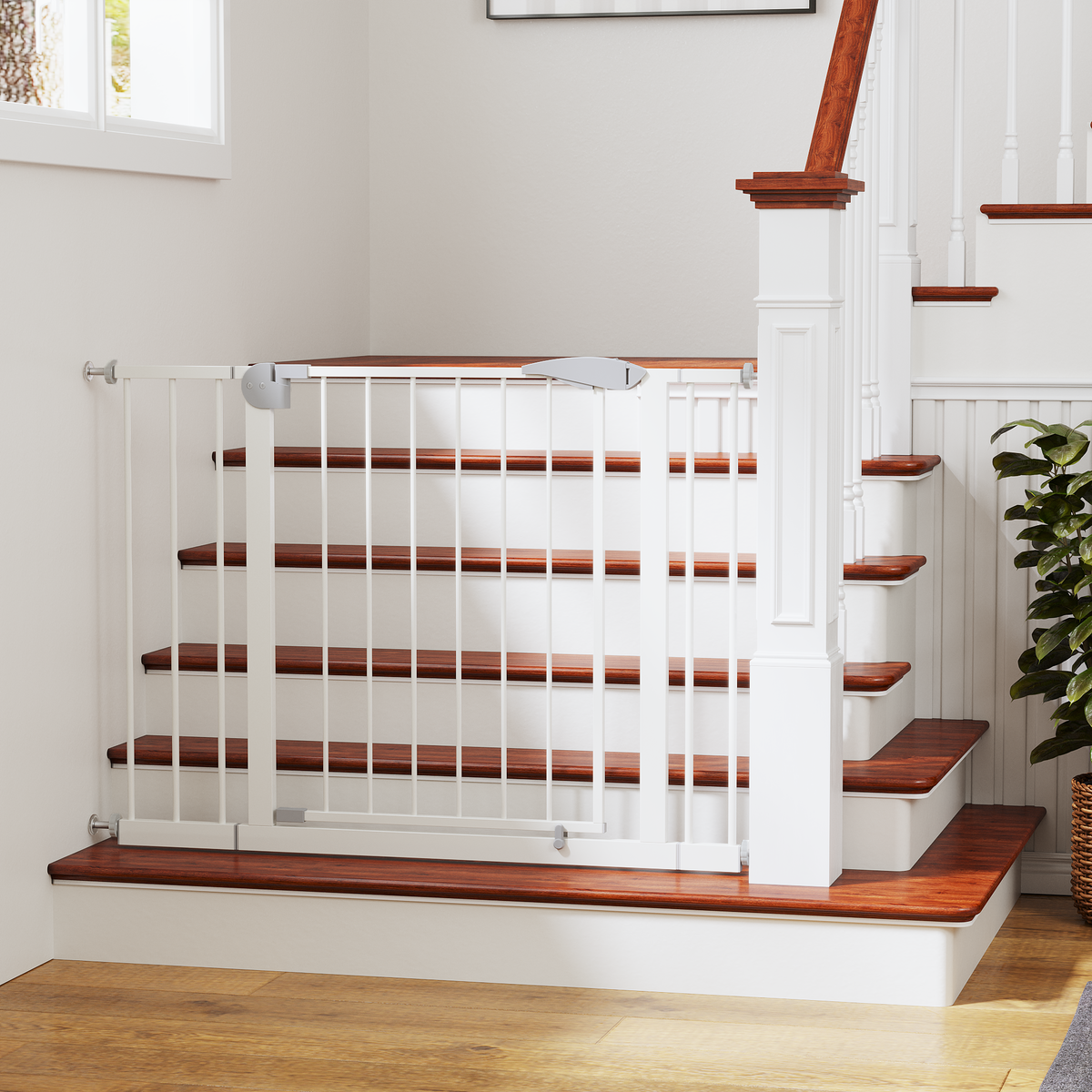 29.5-44.1" Wide Baby Gate for Stairs, Dog Gate Indoor for Doorways, No Drilling Pressure Mounted Pet Gates for Kids, Easy Walk Through Safety Gate, White