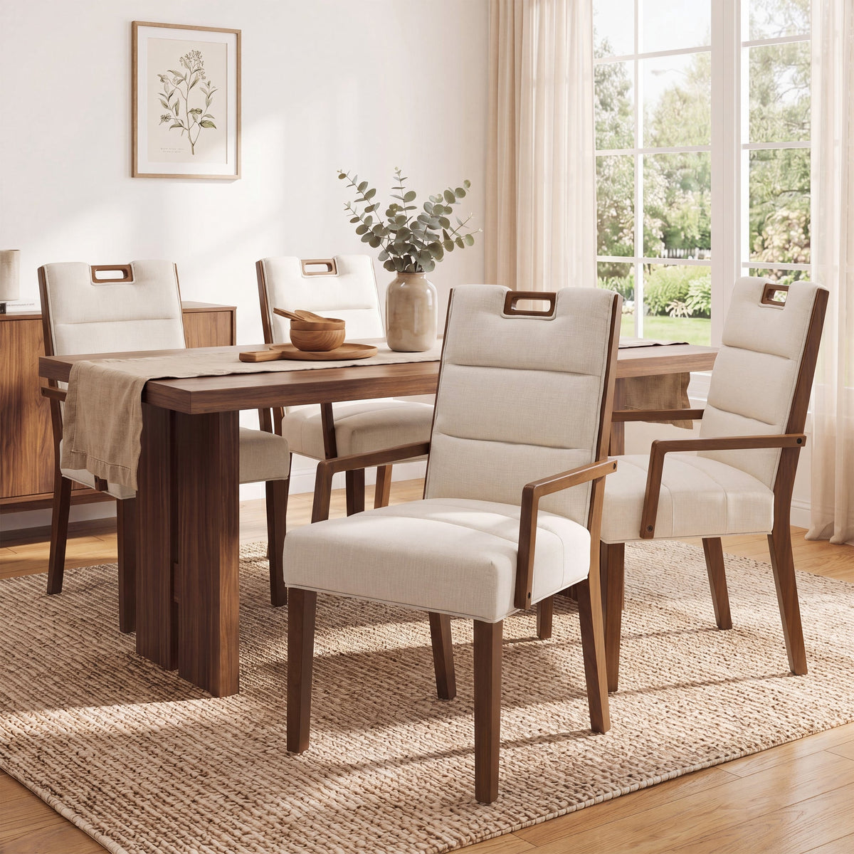 Upholstered Dining Chairs with Armrests, Beige Fabric & Walnut Rubber Wood Frame, Set of 2