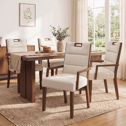 Upholstered Dining Chairs with Armrests, Beige Fabric & Walnut Rubber Wood Frame, Set of 2