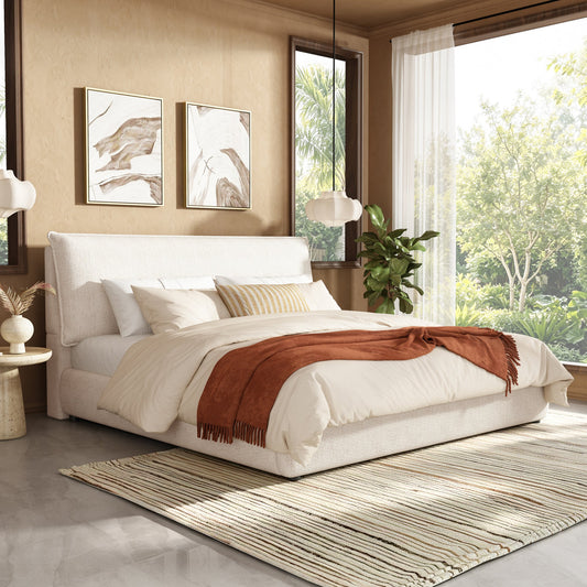 Upholstered Platform Bed Frame with Oversized Plush Pillow Headboard, Premium Chenille Fabric Low Profile Bed Foundation with Wood Slats Support, No Box Spring Needed, Noise Free, King, Cream White