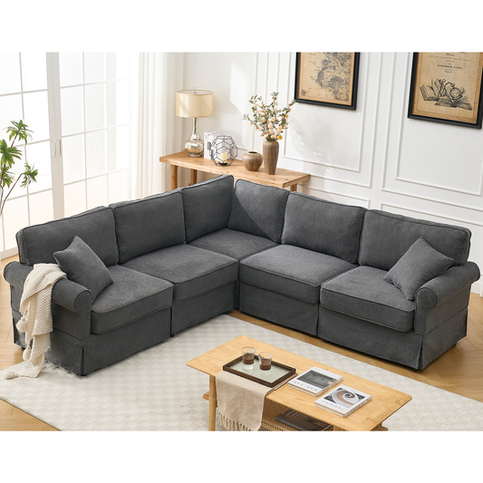 [NEW ARRIVED] [VIDEO PROVIDED]   Modular Sectional Sofa Set,Convertible L Shaped Couch ,5 Seat,Reversible Sectional Sofa Couch,Upholstered,Corner Sofa,Rolled Arms,Soft Linen Fabric, Dark gray
