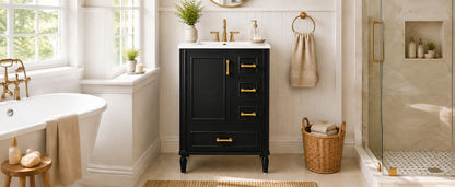 24' Modern Bathroom Vanity with Ceramic Sink, Soft-Close Door, 3 Drawers, Gold Handles, and Door-Mounted Rack for Space-Saving Storage(Old SKU:N729P373272B)