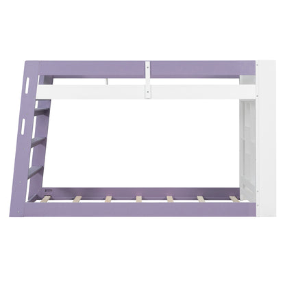 Twin Over Twin XL Bunk Bed with Storage Shelves & Guardrail Storage Basket, White+Light Purple
