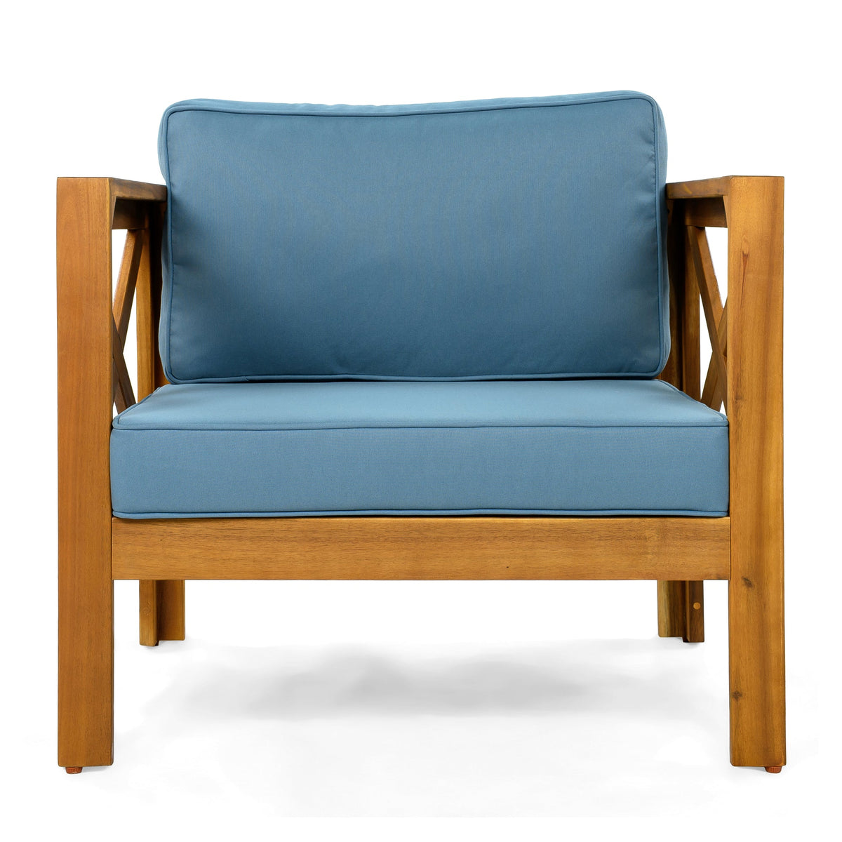 Outdoor Acacia Wood Club Wooden Armchair with Cushions (Set of 2), Conversation Set,Teak Finish,Blue cushion