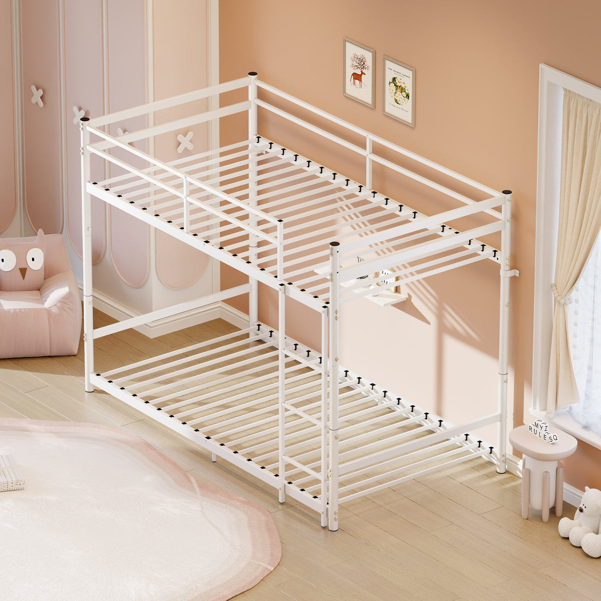 Heavy Duty Metal Twin Over Twin Bunk Bed, Convertible to 2 Separated Twin Beds, Noise-Free Steel Frame with Rubber Anti-Slip Ladder & 11.3' Guardrails, 400/485 LBS Weight Capacity, White