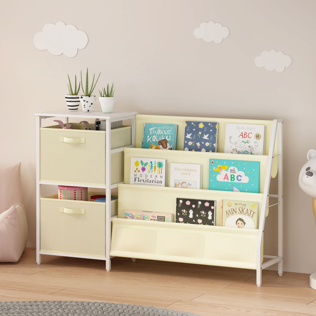 Kids Bookshelf with 3-Tier Front-Facing Book Display, 2 Storage Bins and Bottom Cabinet, Children's Bookcase Organizer for Bedroom, Playroom and Nursery