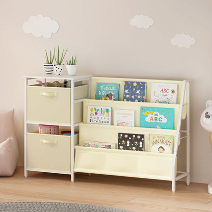 Kids Bookshelf with 3-Tier Front-Facing Book Display, 2 Storage Bins and Bottom Cabinet, Children's Bookcase Organizer for Bedroom, Playroom and Nursery