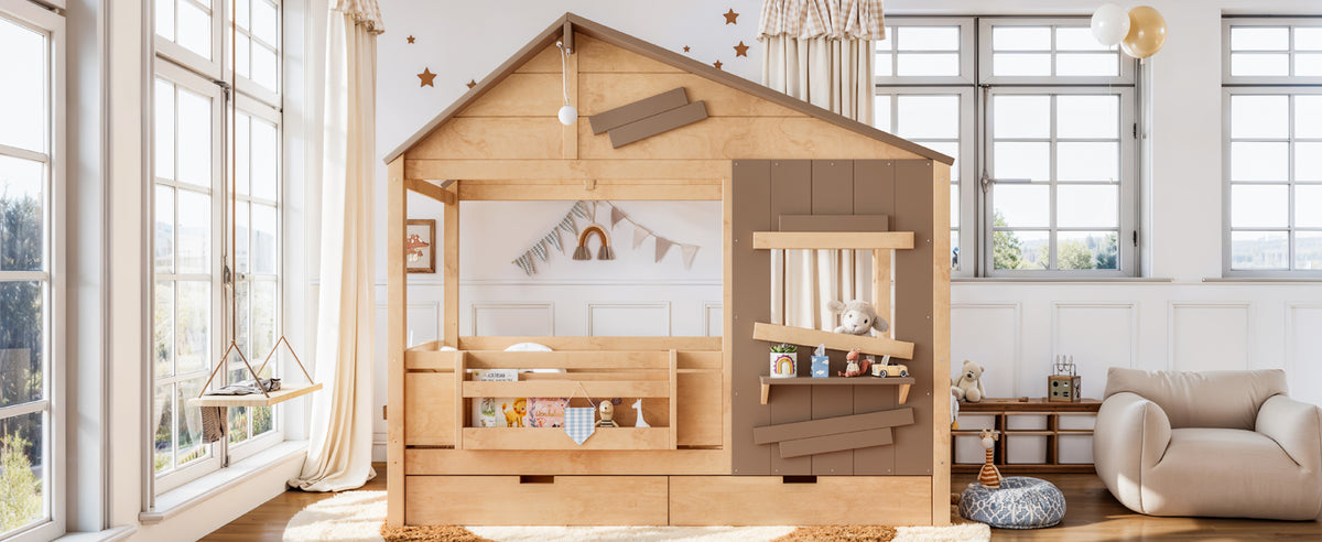 Twin Size Farmhouse Spliced House Bed with Window Shelf & Side Hooks, Playhouse Bed Frame with Underbed Storage Drawers and LED,Light Natural