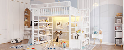 Full Loft Bed with 4 Shelf Storage Rack and Charging Station,Metal Full Loft Bed with Stairs Storage for Kids Teens, Patent Products,White(Old skuW2580S00075)