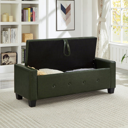 48" Ottoman Bench with Storage, Upholstered Tufted Faux Leather PU Ottoman Dark Green