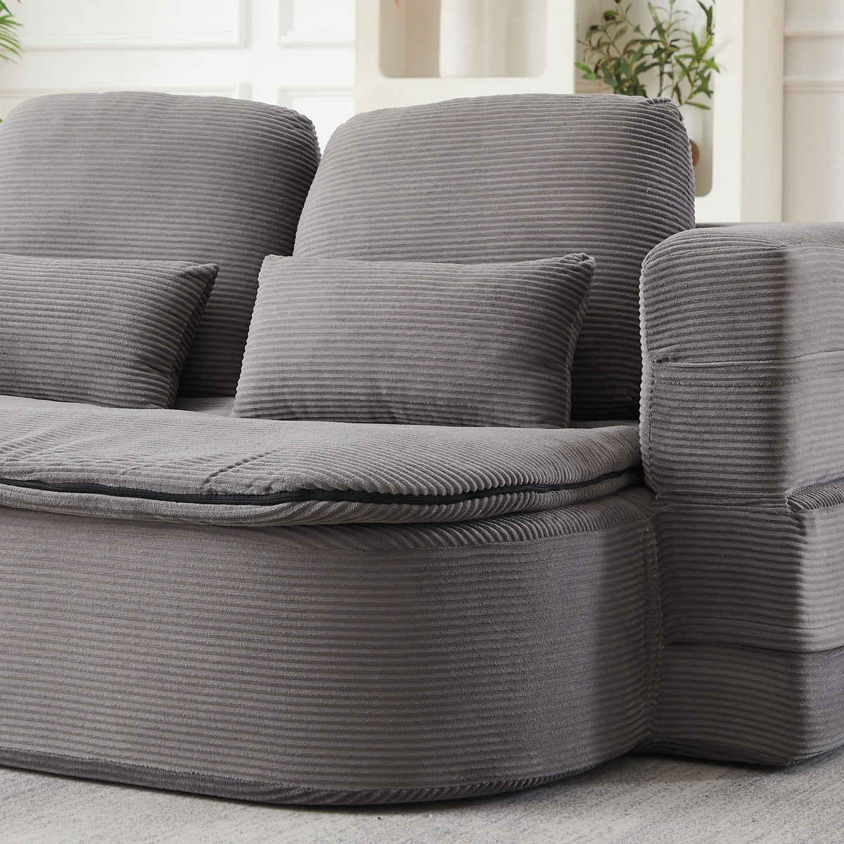 75'' 2-in-1 Foldable Sofa Bed with Multi-Functional Blanket in Grey Corduroy, Convertible Floor Lounge for Living Room Bedroom Studio