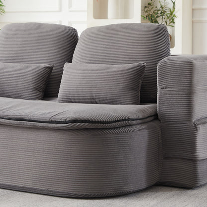 75'' 2-in-1 Foldable Sofa Bed with Multi-Functional Blanket in Grey Corduroy, Convertible Floor Lounge for Living Room Bedroom Studio