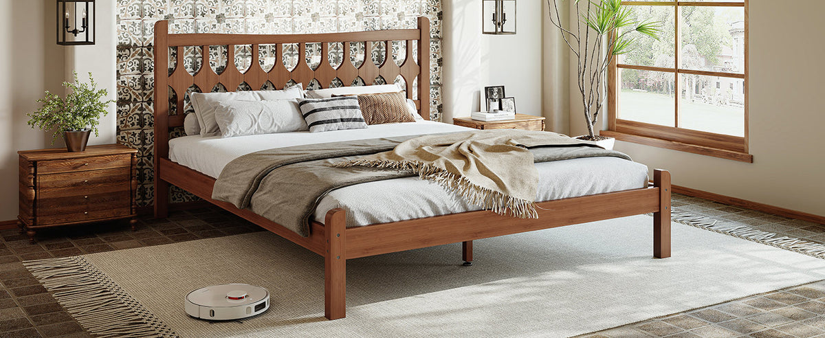 Queen Size Bamboo Platform Bed with Diamond-shaped headboard, Solid Bamboo-made Bed Frame with Support Slats, for Bedroom, Guest Rooms, Brown