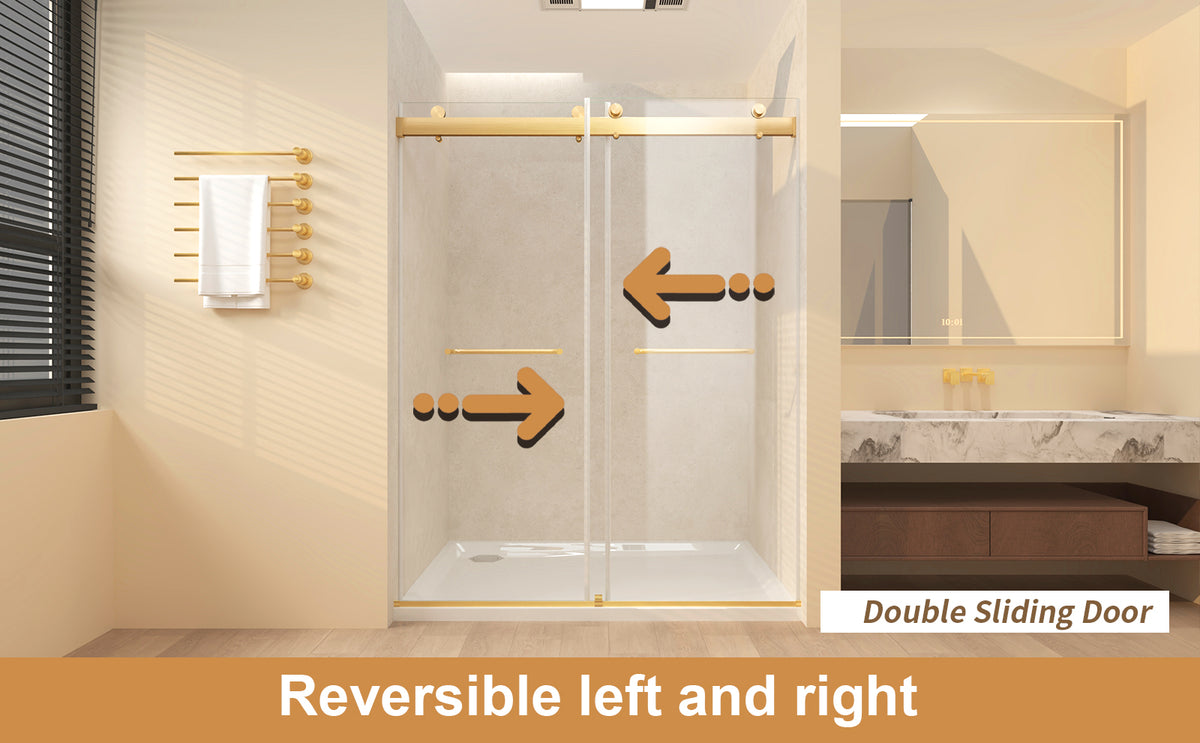 Frameless Sliding Glass Shower Doors 56-60" Width x 76"Height with 3/8"(10mm) Clear Tempered Glass, Brushed Gold