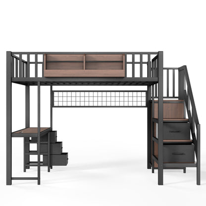 Full Size Loft bed with desk, Heavy Duty save space Loft Bed with Drawers & Storage Stair, All-in-One Metal Frame Multi-Functional Loft Bed for Teens Adults, Black
