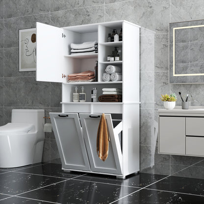 Laundry Cabinet with Doors and shelf, Tilt-Out Laundry Hamper, Multiple Storage Space, Freestanding Style, Open Shelve, Adjustable Shelf