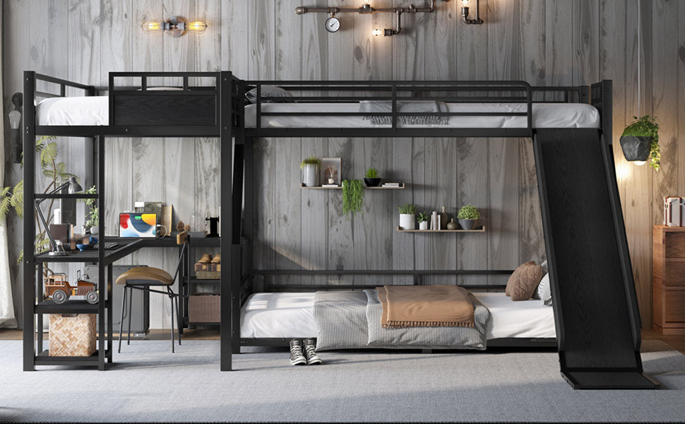 L-Shaped Metal Bunk Bed (Top bed: twin xl, bottom bed: queen) with Single Loft Bed, Desk, and Storage Shelves, USB Charging Port Included - Metal Triple Bunk Bed with Slide,B