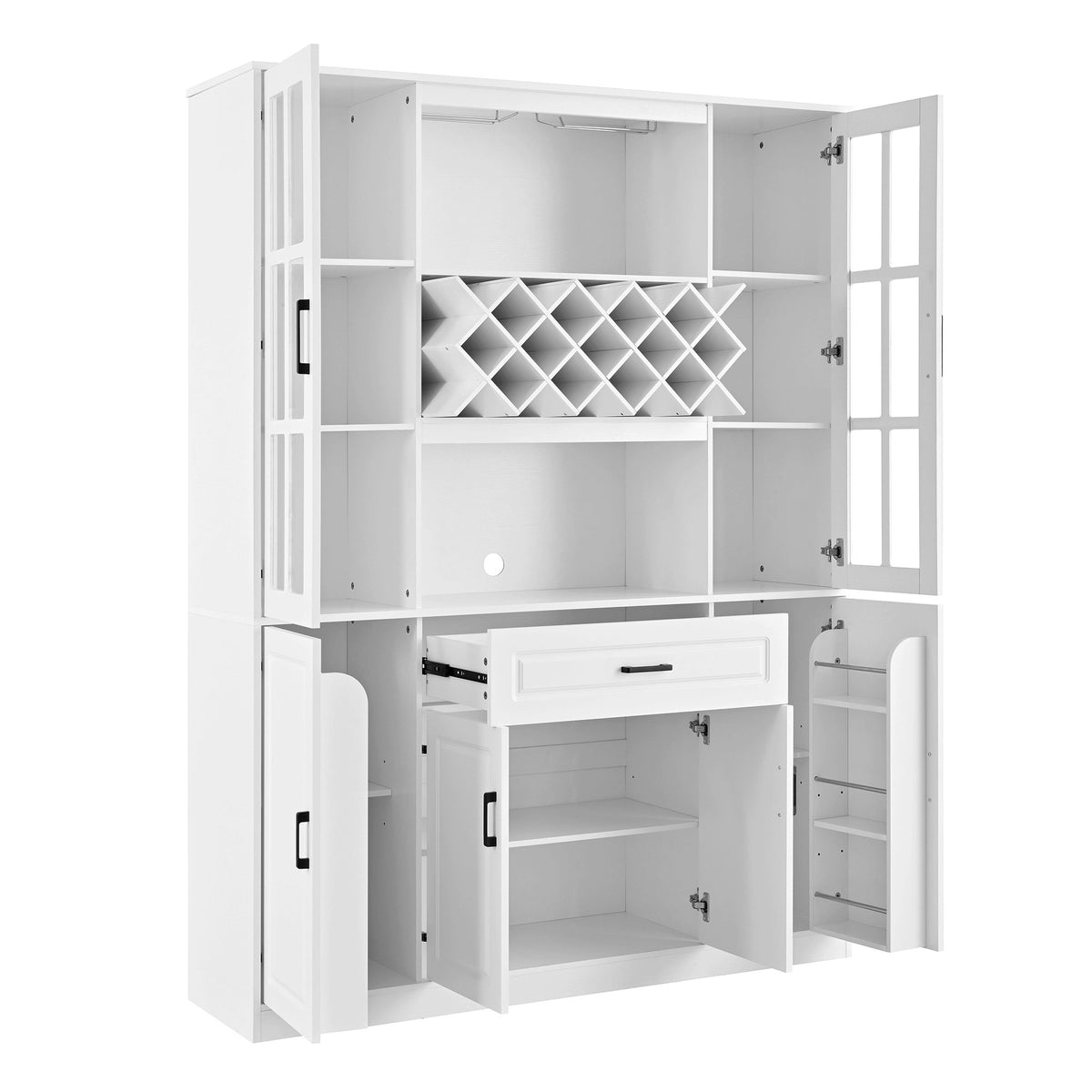 U_Style 74.1" Tall Wine Cabinet with Wine Rack & Glass Holder, 4-Door Storage Cabinet with Drawer & Open Shelves, Multifunctional Kitchen & Bar Cabinet with Door Storage for Kitchen, Dining Room