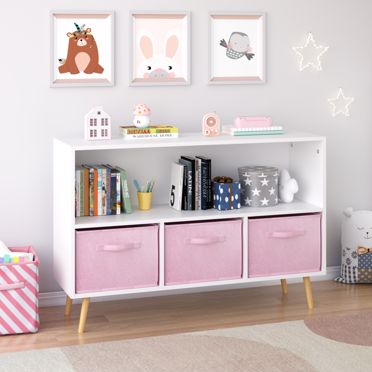 Kids bookcase with Collapsible Fabric Drawers, Children's Book Display, Toy Storage Cabinet Organizer, White/Pink