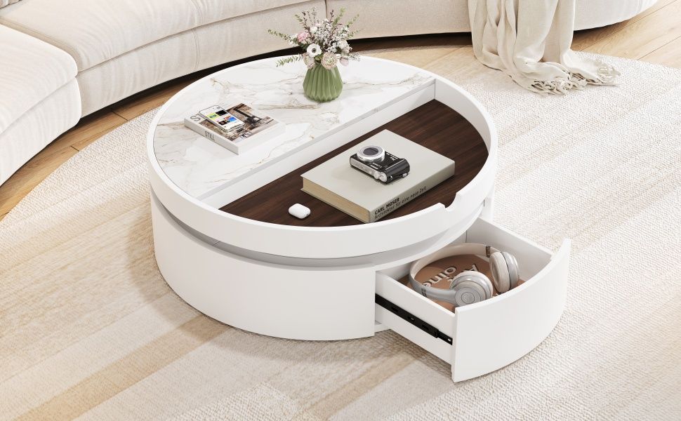 White Round Lift Coffee Table with 1 Drawer in 29.5', Marble Veneer and Wood Grain Tabletop