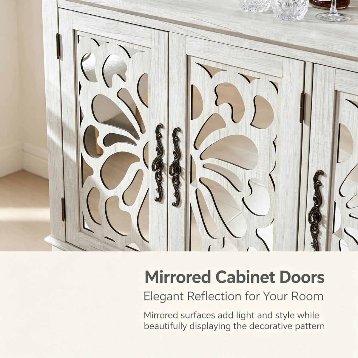 Freestanding Accent Storage Cabinet, MDF Sideboard Buffet Cabinet, Acrylic Mirror Carved Doors, Adjustable Shelf, Spacious Countertop, Anti‑Tip Straps, Easy Assembly for Living Room Hallway Kitchen