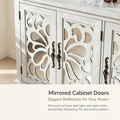 Freestanding Accent Storage Cabinet, MDF Sideboard Buffet Cabinet, Acrylic Mirror Carved Doors, Adjustable Shelf, Spacious Countertop, Anti‑Tip Straps, Easy Assembly for Living Room Hallway Kitchen