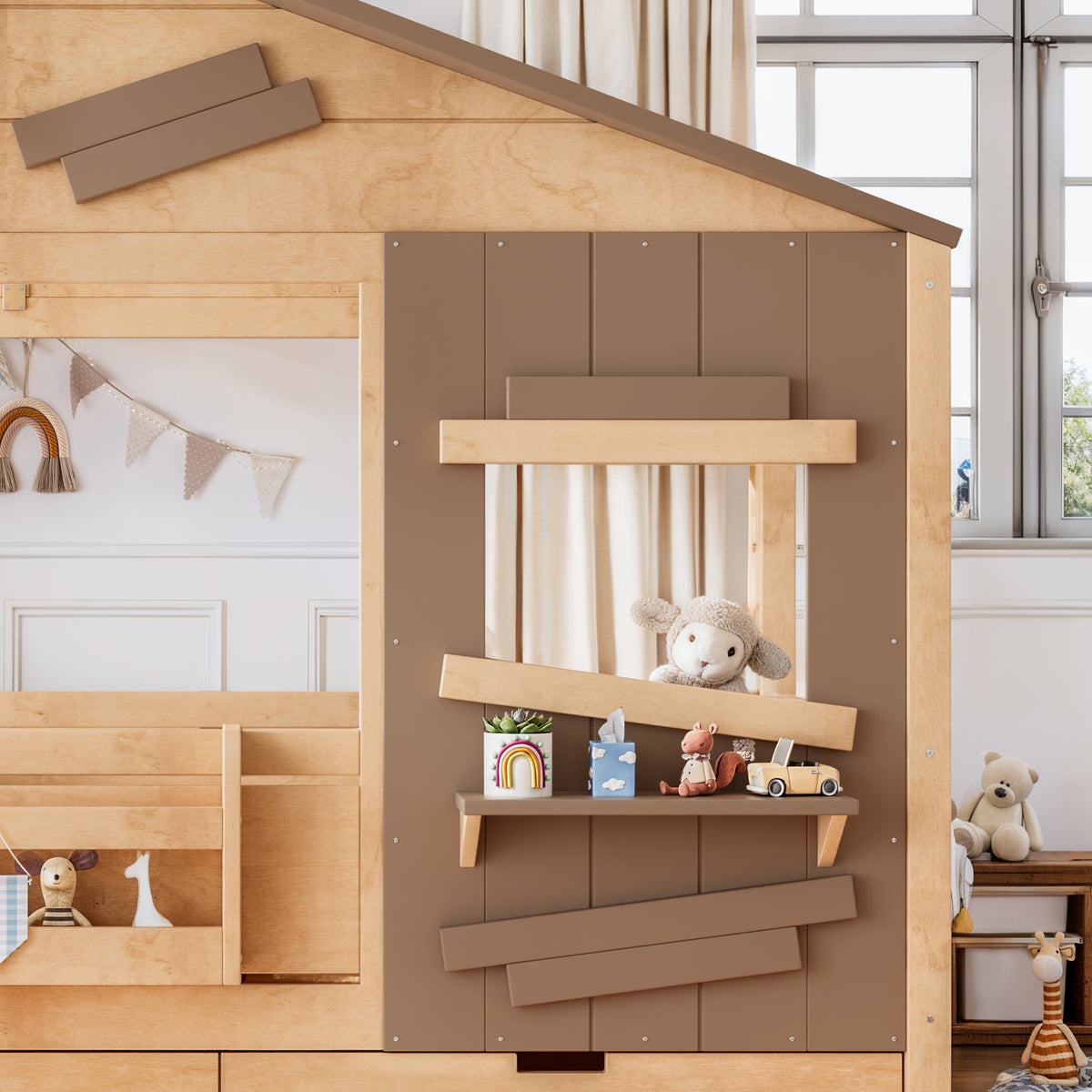 Twin Size Farmhouse Spliced House Bed with Window Shelf & Side Hooks, Playhouse Bed Frame with Underbed Storage Drawers and LED,Light Natural