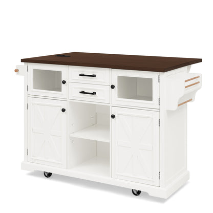 47.2" Kitchen Island with Drop Leaf, Power Outlet, Rolling Kitchen Storage Cart on 4 Wheels with 4 Door Shelves, Cross Barn Doors & Visual Glass Door for Kitchen,White