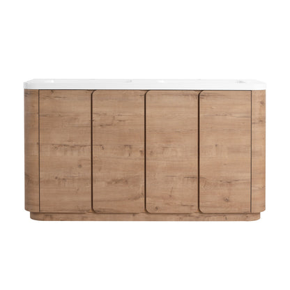 60'' Freestanding Bathroom Vanity with White Resin Sink, 4-Soft-Close Door, KD-Packing, Plywood, Imitative Oak