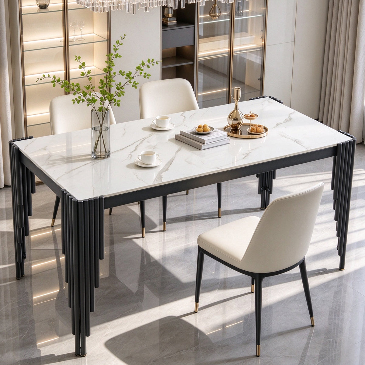 Modern 49" Rectangular Dining Table, White Marble-Look MDF Top with Black Metal Legs, Space-Saving Kitchen Desk for Small Apartments, Easy Assembly