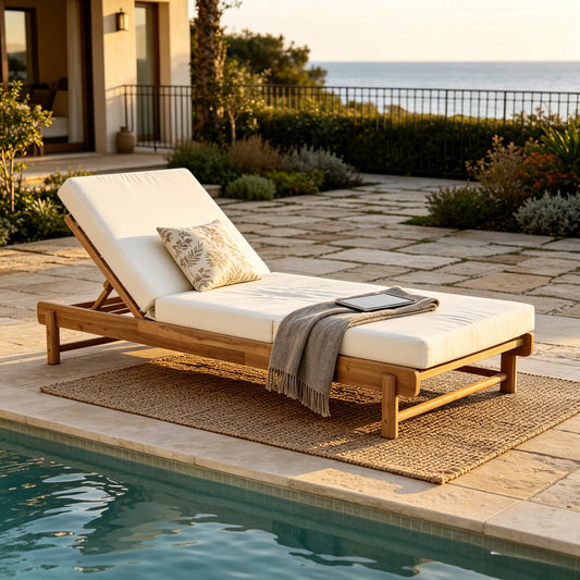 Light Teak Acacia Wood Chaise Lounge Set: 1 Frame + 1 3-Fold Cream Cushion, 400 lbs Capacity, 3-Position Adjustable Backrest, 4" Thick Water-Resistant Cushion for Patio Poolside Backyard