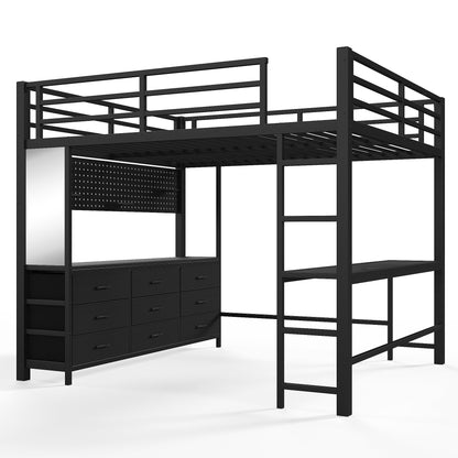 Queen Size Loft Bed with Desk, Loft Bed with Drawers, Loft Bed with Led Light and USB, Sturdy Loft bed Frame, Loft Bed with Mirror, Multi-Functional High Loft Bed for Teens Adults.Black
