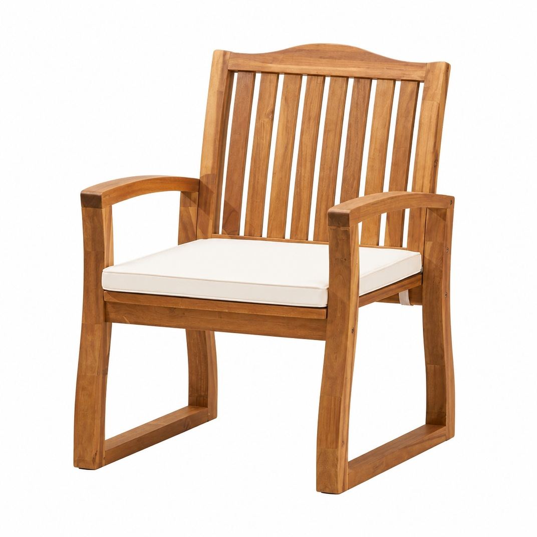 7‑Piece Acacia Wood Outdoor Dining Set, 71' Boat‑Shaped Oval Slatted Teak Finish Table, 6 Arm Chairs with Cream Waterproof Fabric Cushions for Patio Backyard Garden