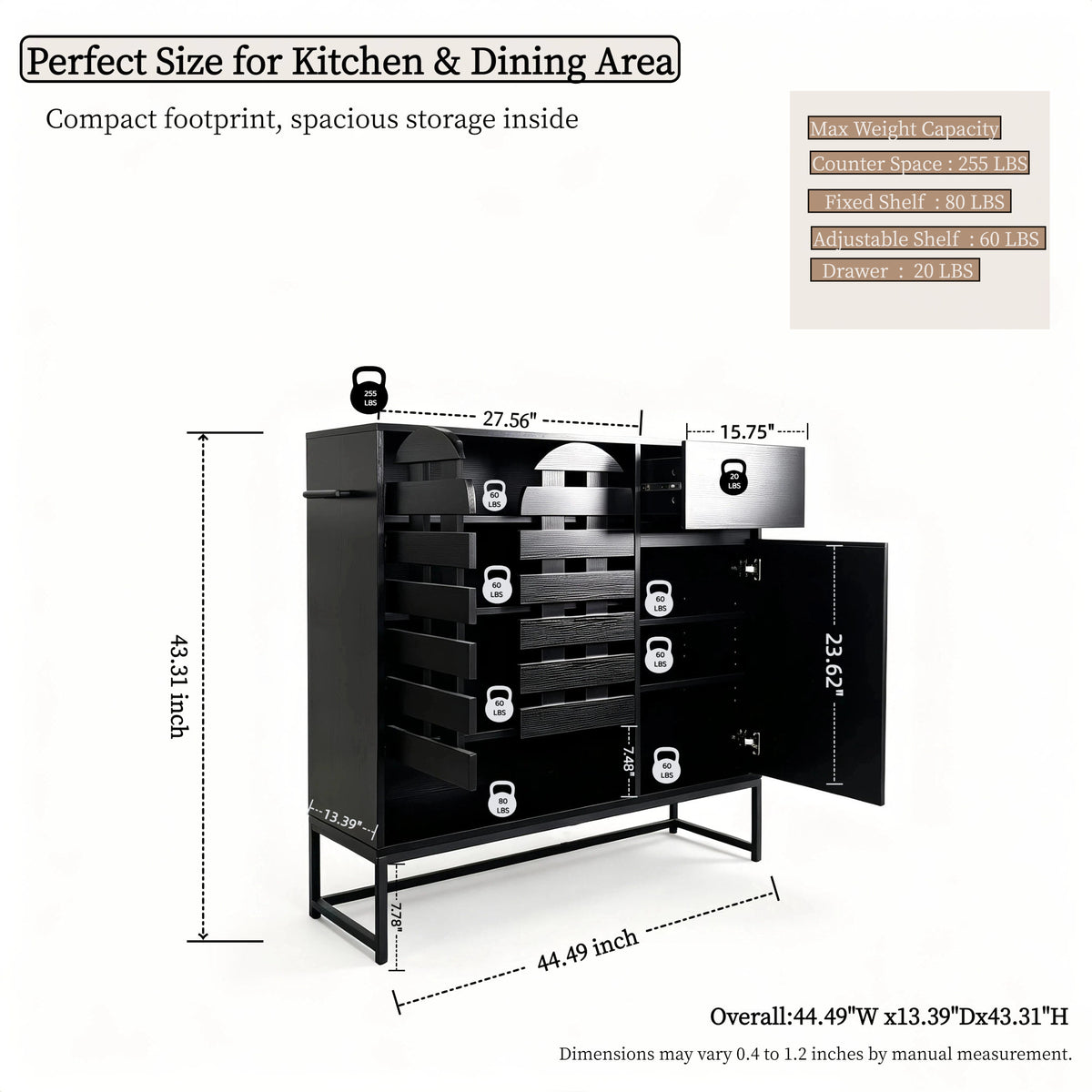 Buffet Cabinet with Storage: 44.49"Black Woven Door Accent Cabinets,with Arched Doors,with Multi layer Adjustable,with Metal Leg,woven door and drawer - for Kitchen Living Dining Room Entryway