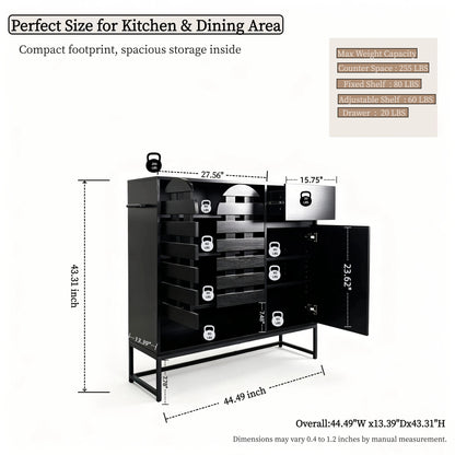 Buffet Cabinet with Storage: 44.49"Black Woven Door Accent Cabinets,with Arched Doors,with Multi layer Adjustable,with Metal Leg,woven door and drawer - for Kitchen Living Dining Room Entryway