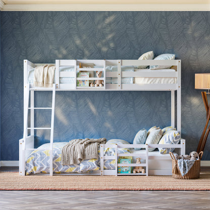 Twin Over Full Floor Bunk Bed with Ladder and Bookshelf, Space-Saving, Noise-Free, No Box Spring Needed,White