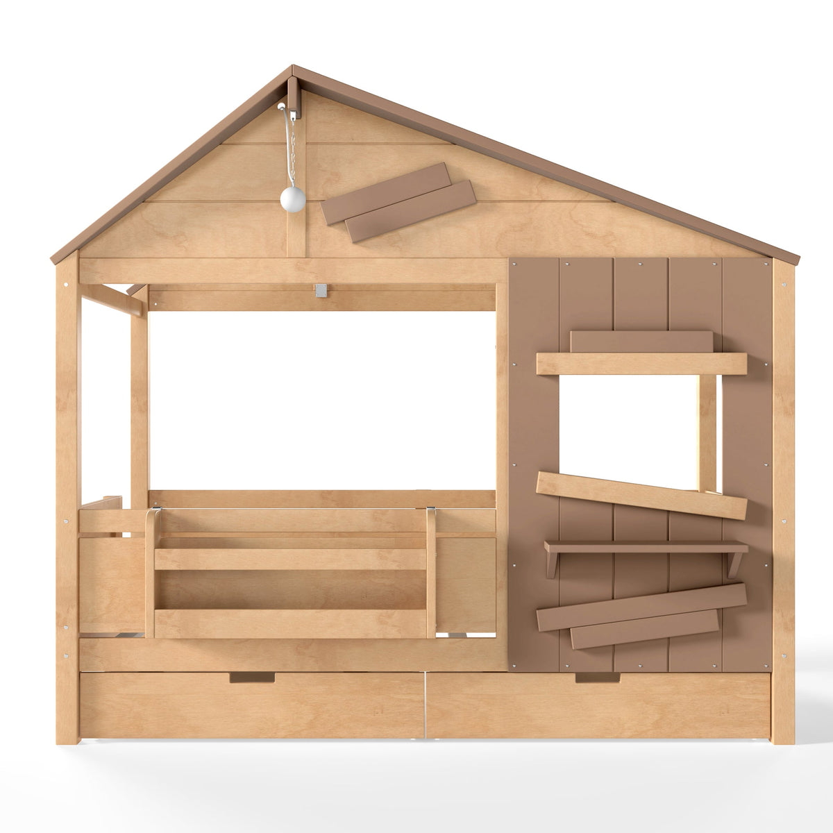Twin Size Farmhouse Spliced House Bed with Window Shelf & Side Hooks, Playhouse Bed Frame with Underbed Storage Drawers and LED,Light Natural
