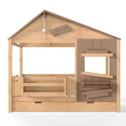 Twin Size Farmhouse Spliced House Bed with Window Shelf & Side Hooks, Playhouse Bed Frame with Underbed Storage Drawers and LED,Light Natural