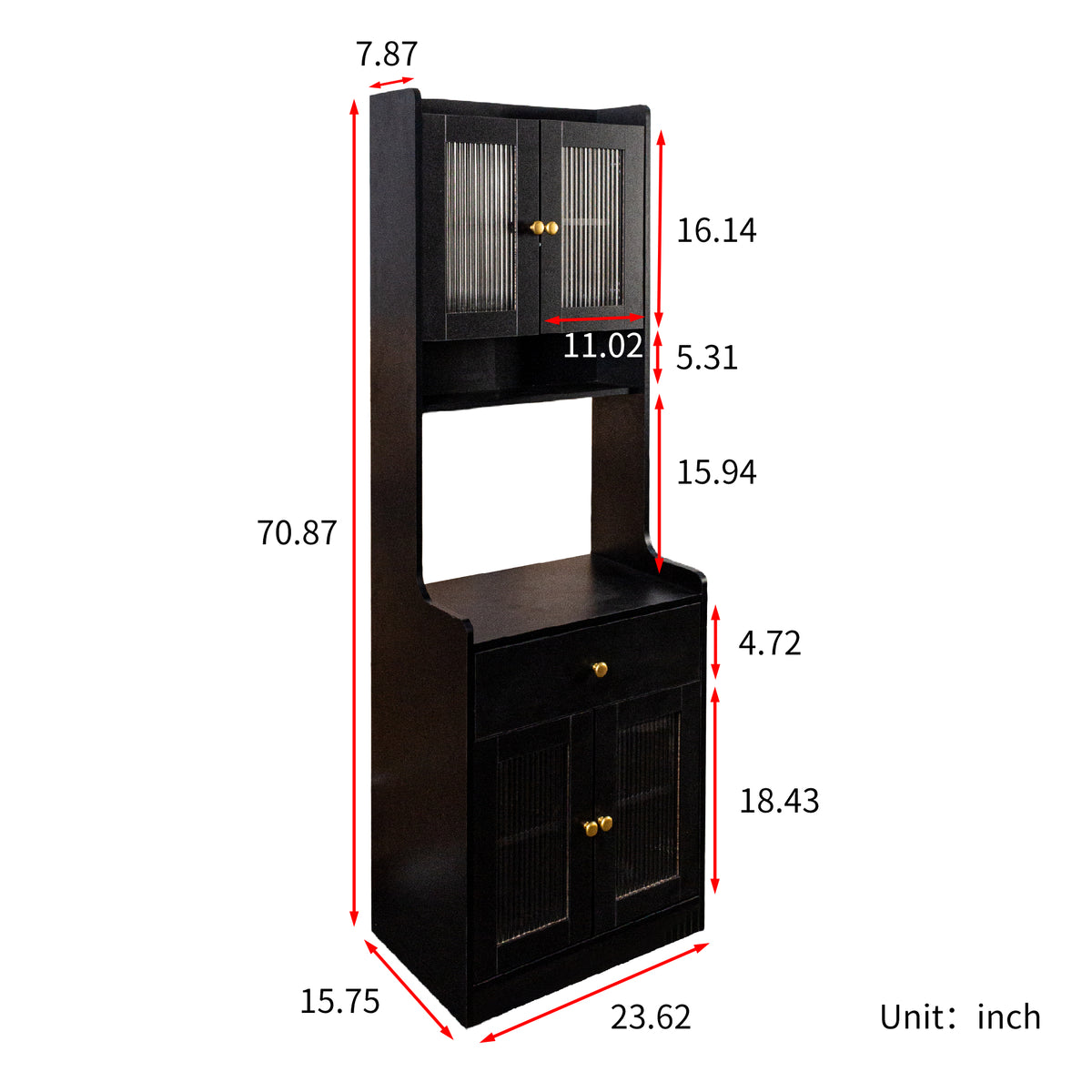 Black Kitchen Pantry Hutch Storage Cabinet, Farmhouse Kitchen Hutch Buffet Cabinet with Microwave Stand