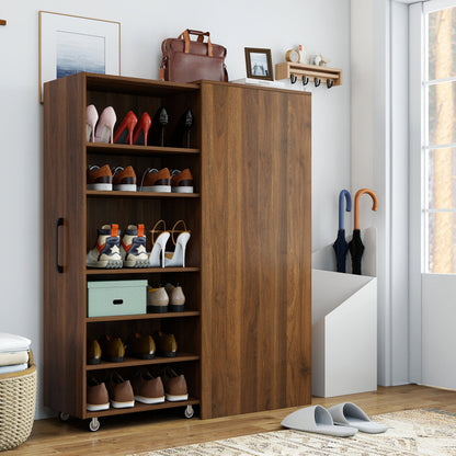 6 Tier Sliding Door Shoe Cabinet with Wheels, Tall  Shoe Storage Organizer, Freestanding Shoe Rack Closet for Entryway, Hallway, Home