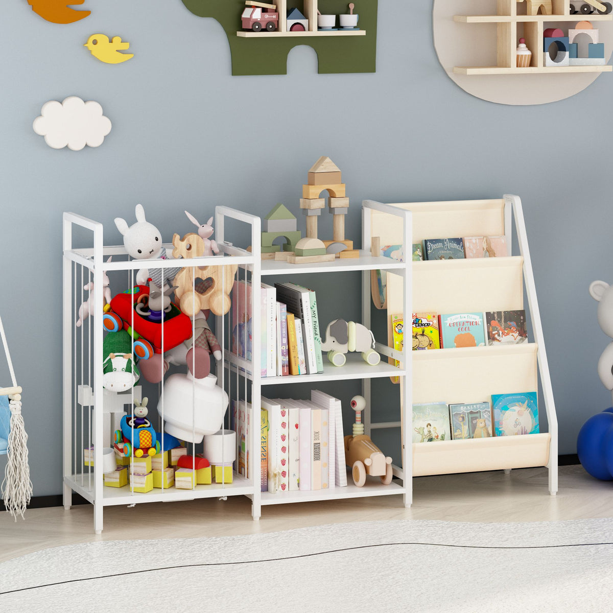 Kids Bookshelf and Toy Storage, 3-in-1 Book Shelf for Kids Rooms, Sling Baby Bookcase with Stuffed Animal Storage, Toddler Montessori Bookshelf for Nursery, Playroom, Kindergarten, White