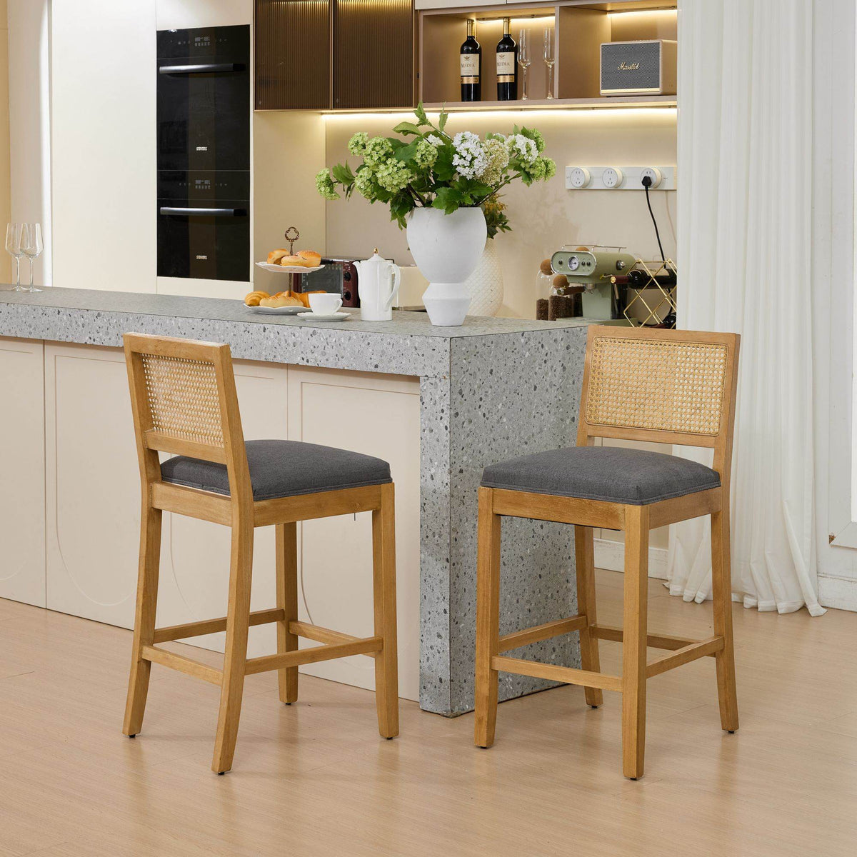 Full Solid Wood Rattan-Back Bar Stool, Matte Linen Cushion with High-Resilience Foam & S-Springs