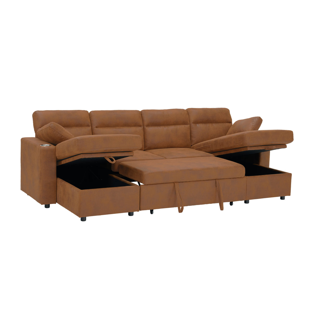 Convertible U-Shaped Sectional Sofa Bed with Double Storage Chaises, Pull-Out Sleeper, Cup Holders, and Lumbar Pillows