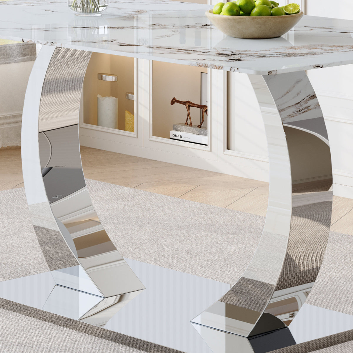 Transformable Heavy-Duty Stainless Steel Base in Silver 63" x 35" Dining Table  Luxury Pandora White Pattern Tempered Glass Rock Top for Kitchen Dining Room