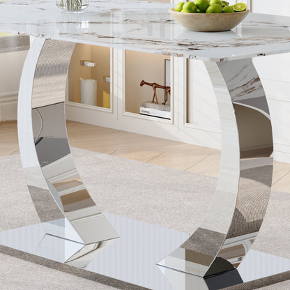 Transformable Heavy-Duty Stainless Steel Base in Silver 63" x 35" Dining Table  Luxury Pandora White Pattern Tempered Glass Rock Top for Kitchen Dining Room