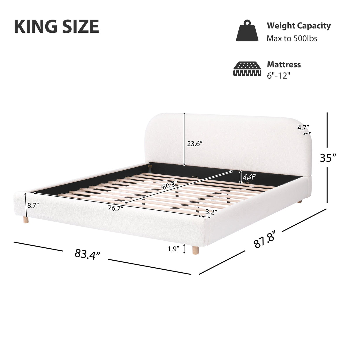 King Size Platform Bed with Boucle Fabric, Boucle Fabric Upholstered Platform Bed with Curve-Shaped Design Headboard, White, Easy Assembly